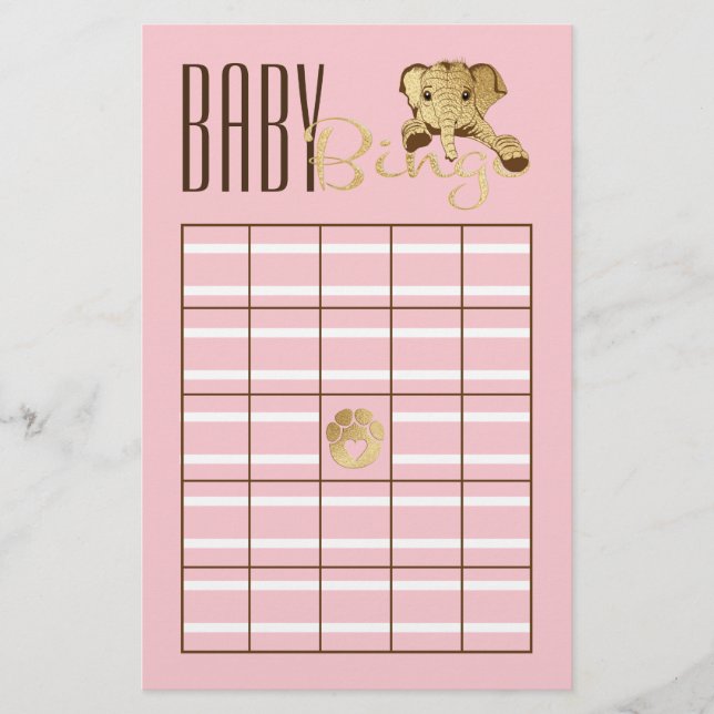 Baby Shower BINGO Baby Guld Rosa Elephant Flygblad (Framsidan)