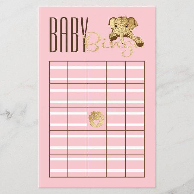 Baby Shower BINGO Baby Guld Rosa Elephant Flygblad (Framsidan)