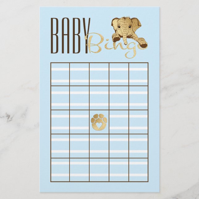 Baby Shower BINGO Babyblå Guld Elefant Flygblad (Framsidan)