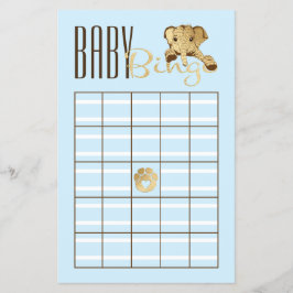 Baby Shower BINGO Babyblå Guld Elefant Flygblad