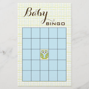 Baby Shower BINGO Blue Grönt UGGLA Flygblad