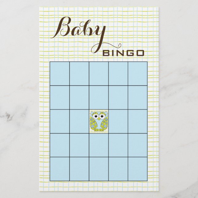 Baby Shower BINGO Blue Grönt UGGLA Flygblad (Framsidan)