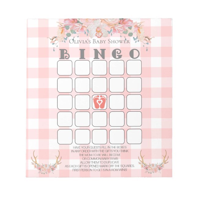 Baby Shower Bingo BOHO Baby Coral Gingham Anteckningsblock (Framsida)