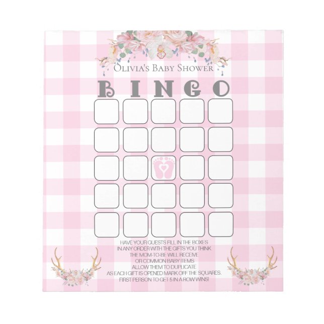 Baby Shower Bingo BOHO Baby Rosa Gingham Anteckningsblock (Framsida)