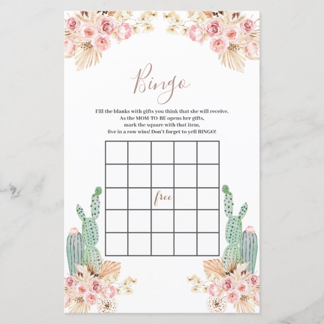 Baby Shower Bingo Boho Cactus Rosa Flowers (Framsida)