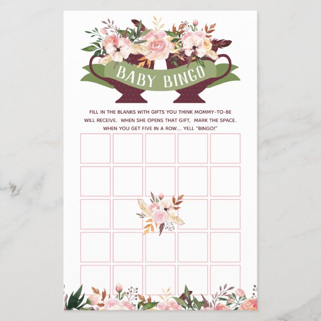 Baby Shower Bingo, Boho Tea Party med Flowers Flygblad (Framsidan)