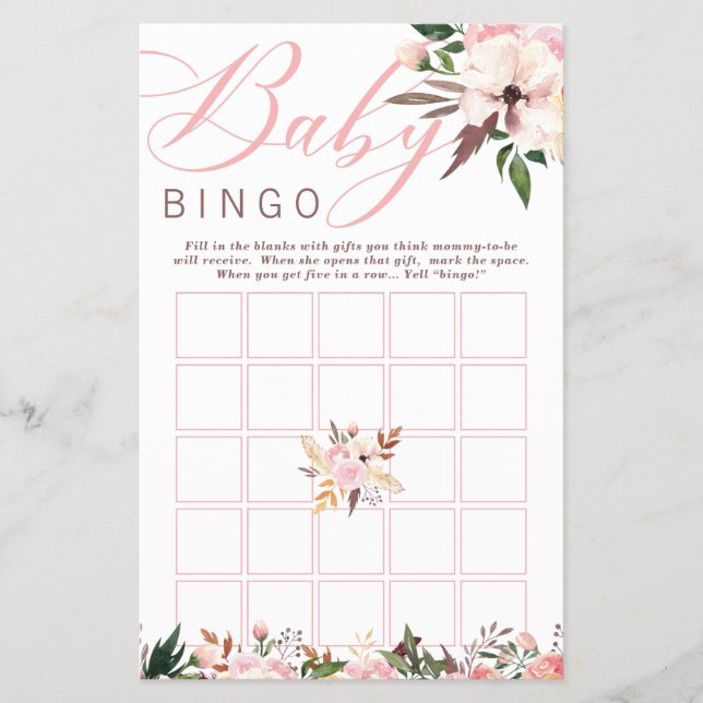 Baby Shower Bingo, Boho with Flowers Flygblad (Framsidan)