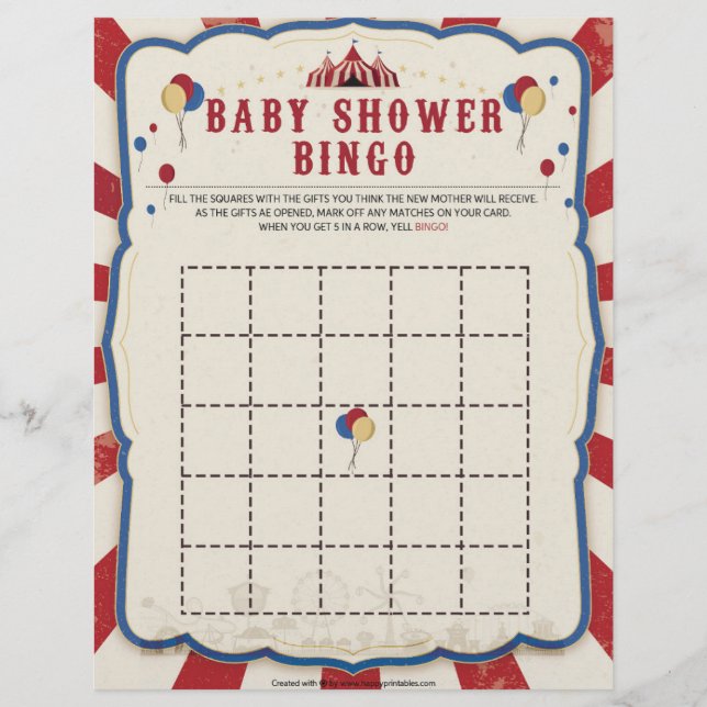 Baby Shower Bingo [Circus Theme] Brevhuvud (Framsida)