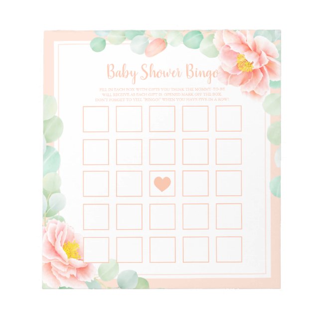 Baby Shower Bingo Eucalyptus Foliage Peony Peach Anteckningsblock (Framsida)