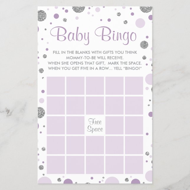 Baby Shower Bingo, Faux Confetti, Lila, Silver Flygblad (Framsidan)
