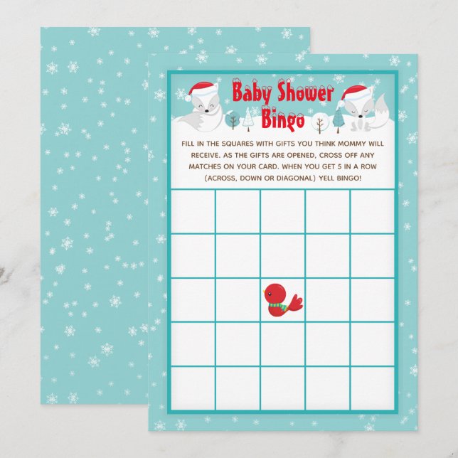 Baby Shower Bingo för jultomten Arktiska rävar Inbjudningar (Fram/baksida)