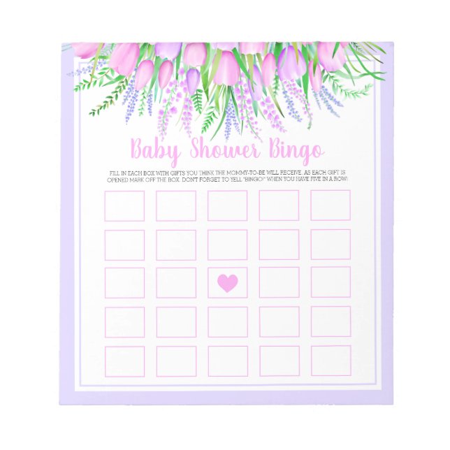 Baby Shower Bingo Game Blommigt Lavender Rosa Tuli Anteckningsblock (Framsida)