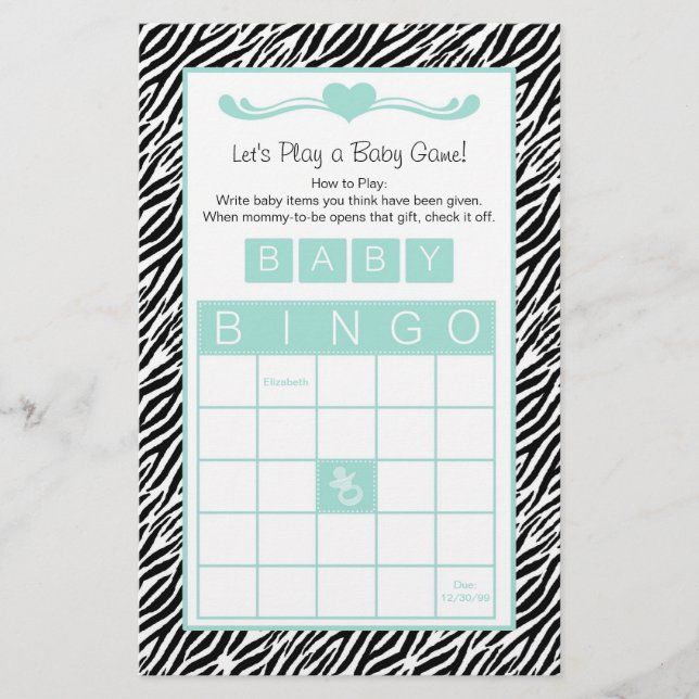 Baby Shower Bingo Game Chic Aqua Mint Zebra (Framsida)