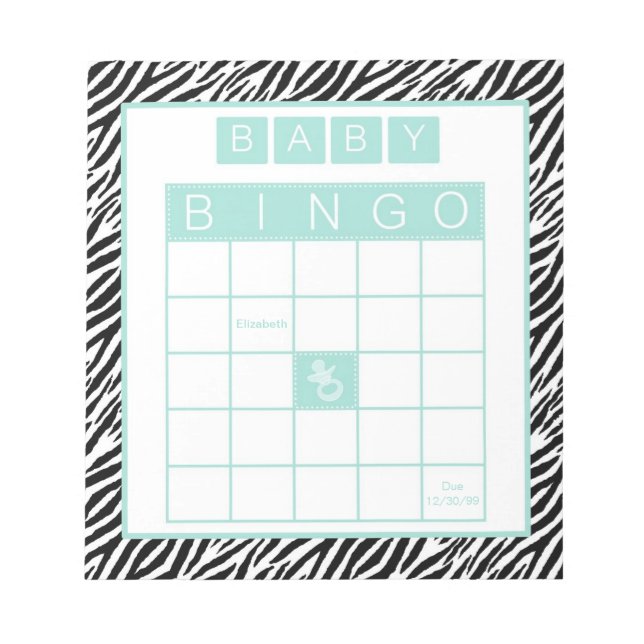 Baby Shower Bingo Game Chic Aqua Mint Zebra Anteckningsblock (Framsida)