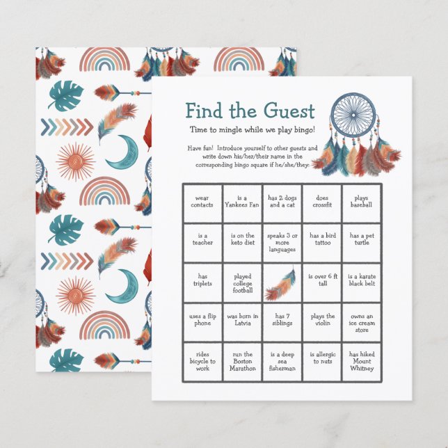 Baby Shower Bingo Game Dreamcatcher Hitta gästen (Fram/baksida)