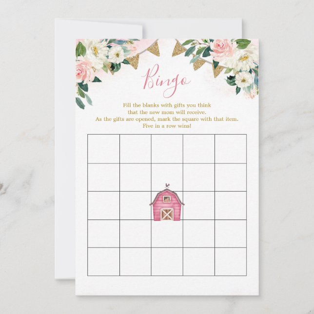 Baby Shower Bingo Game Girl Rosa Farm Baby Shower Inbjudningar (Framsida)