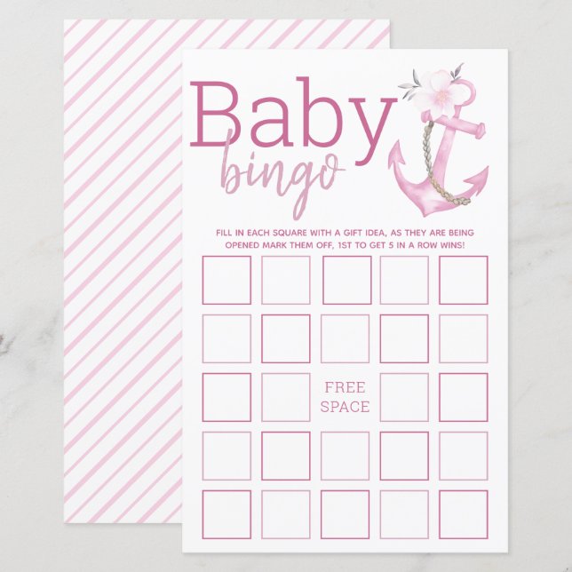 Baby Shower Bingo Game | Nautisk Rosa Anchor Baby (Fram/baksida)