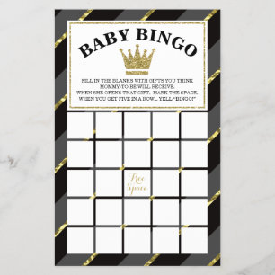 Baby Shower Bingo Game, Prince, Black and Guld Flygblad
