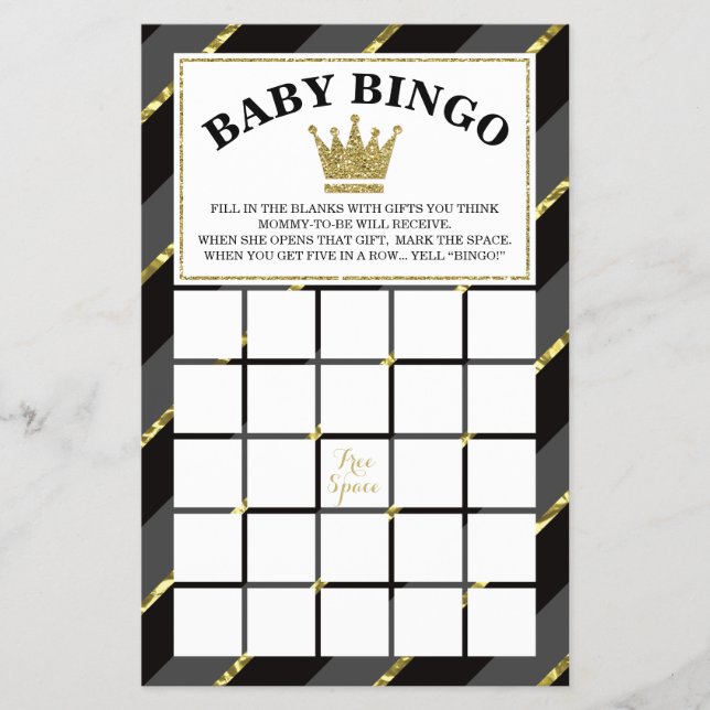 Baby Shower Bingo Game, Prince, Black and Guld Flygblad (Framsidan)