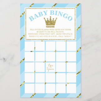 Baby Shower Bingo Game, Prince, Blue and Guld Flygblad