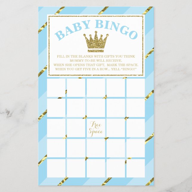 Baby Shower Bingo Game, Prince, Blue and Guld Flygblad (Framsidan)