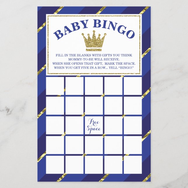 Baby Shower Bingo Game, Prince, Blue and Guld Flygblad (Framsidan)