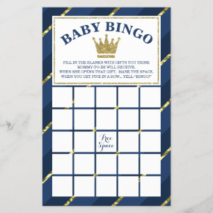 Baby Shower Bingo Game, Prince, Navy Blue and Guld Flygblad