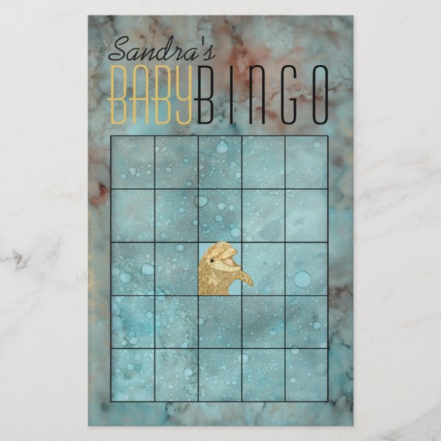 Baby Shower BINGO "Guld Baby Dolphin" Flygblad (Framsidan)