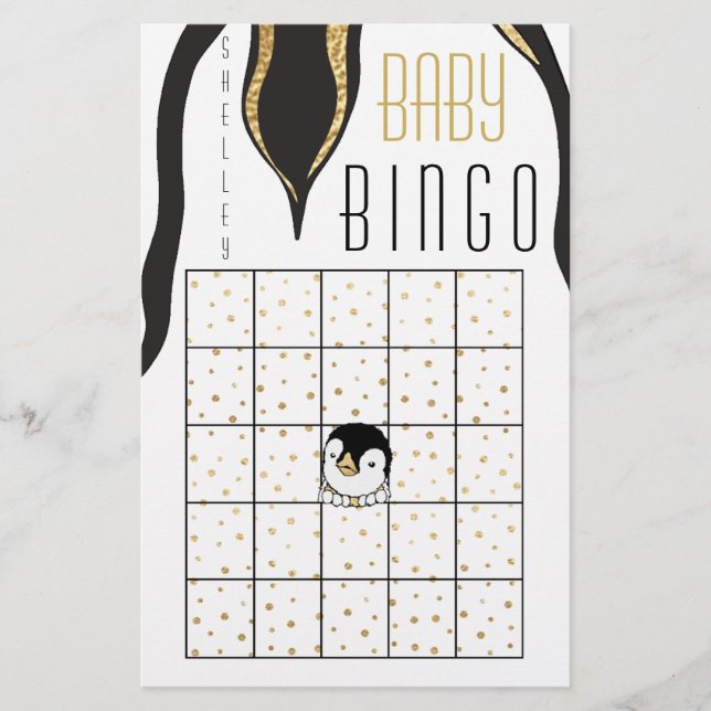 Baby Shower BINGO "Guld Penguin" Flygblad (Framsidan)