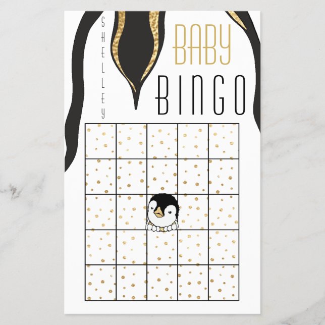 Baby Shower BINGO "Guld Penguin" Flygblad (Framsidan)