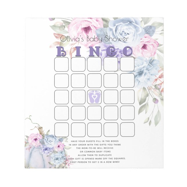 Baby Shower Bingo Lilac Blue Pumpkin Peony Blommig Anteckningsblock (Framsida)