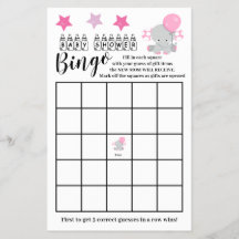 Baby Shower Bingo Rosa Elephant Girl Game Card