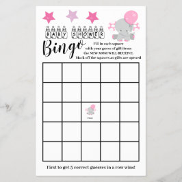 Baby Shower Bingo Rosa Elephant Girl Game Card Flygblad
