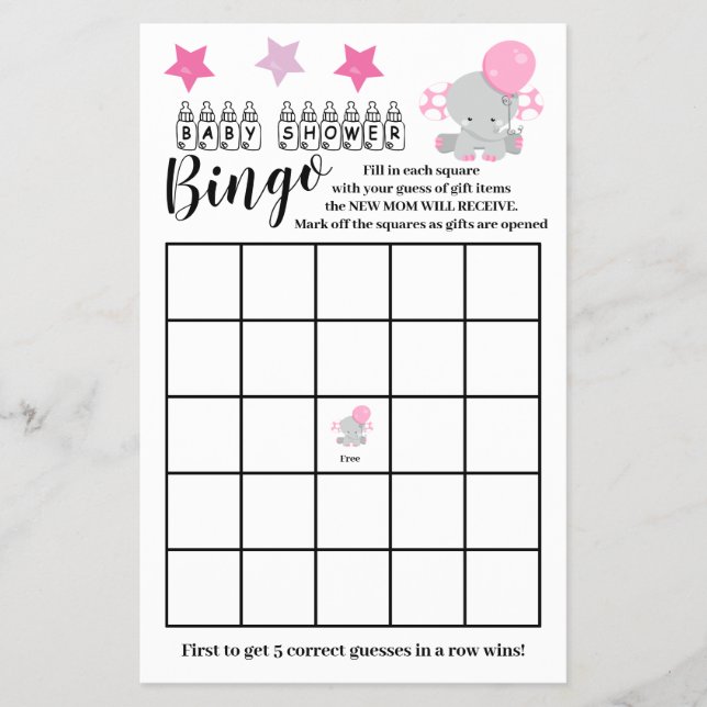 Baby Shower Bingo Rosa Elephant Girl Game Card Flygblad (Framsidan)