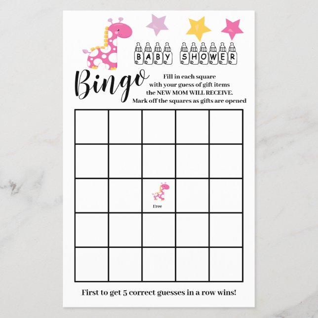 Baby Shower Bingo Rosa Giraffe Girl Game Card Flygblad (Framsidan)