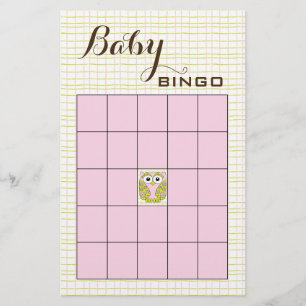 Baby Shower BINGO Rosa Grönt UGGLA Flygblad