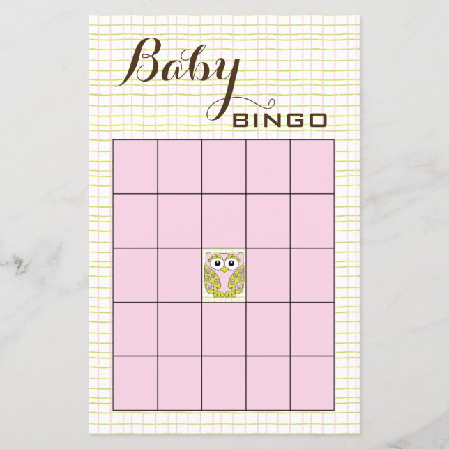 Baby Shower BINGO Rosa Grönt UGGLA Flygblad (Framsidan)