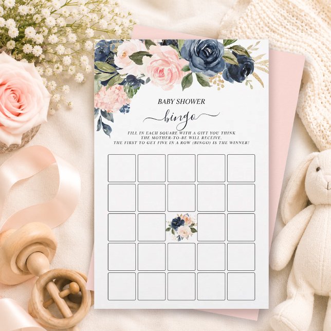 Baby Shower Bingo Rosa Marin Kaskad Flerfärgad Blo (Baby Shower Bingo Pink Navy Cascading Floral Game)