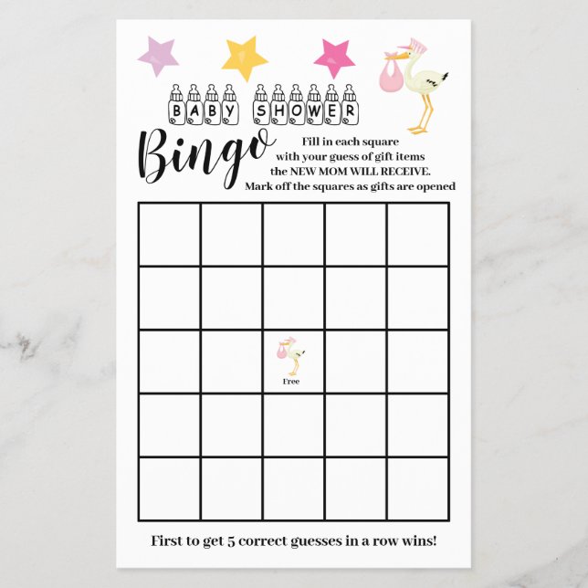 Baby Shower Bingo Rosa Stork Girl Gamame Card Flygblad (Framsidan)