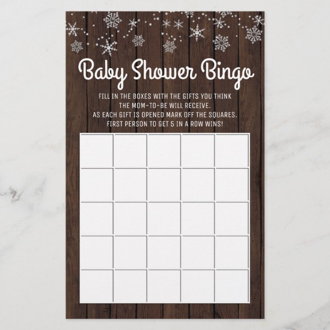 Baby Shower Bingo Rustik Snöflinga Baby Bingo Kort Flygblad (Framsidan)