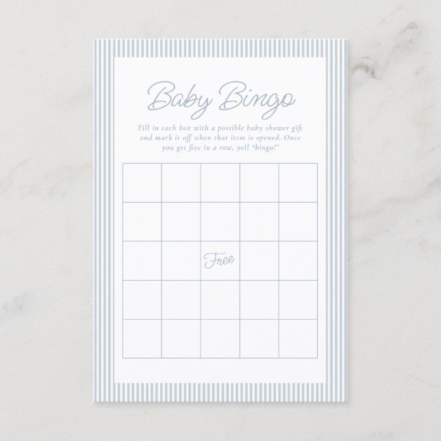 Baby shower bingo seersucker blå vit rand inbjudningar (Framsida)