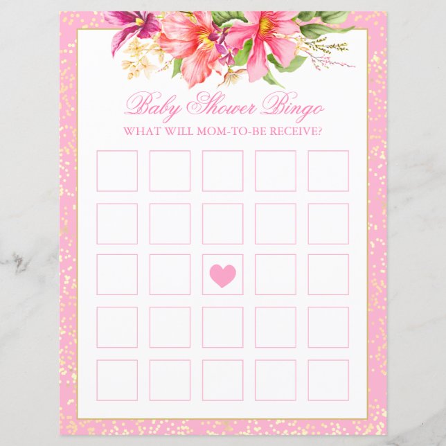 Baby Shower Bingo Spel Blommor Bukett Rosa Ark (Framsida)