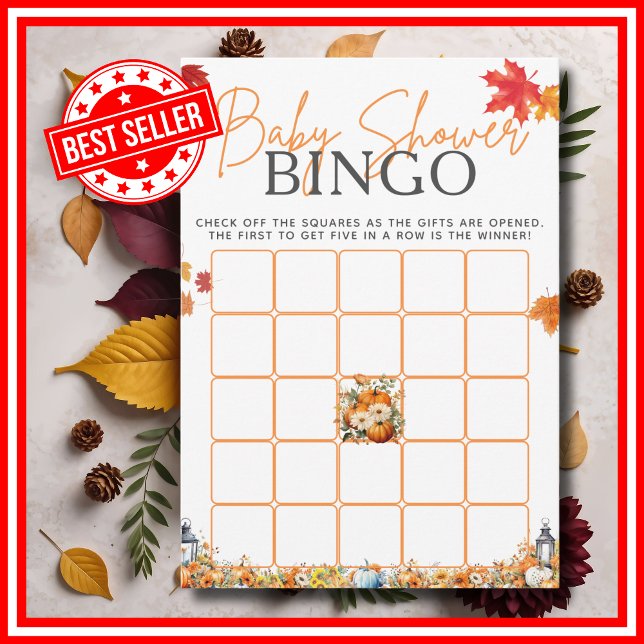 Baby Shower BINGO Spel En Liten Pumpa Blommig Inbjudningar (Baby Shower BINGO Game A Little Pumpkin is on the Way Fall Autumn Floral Watercolor Invitation )