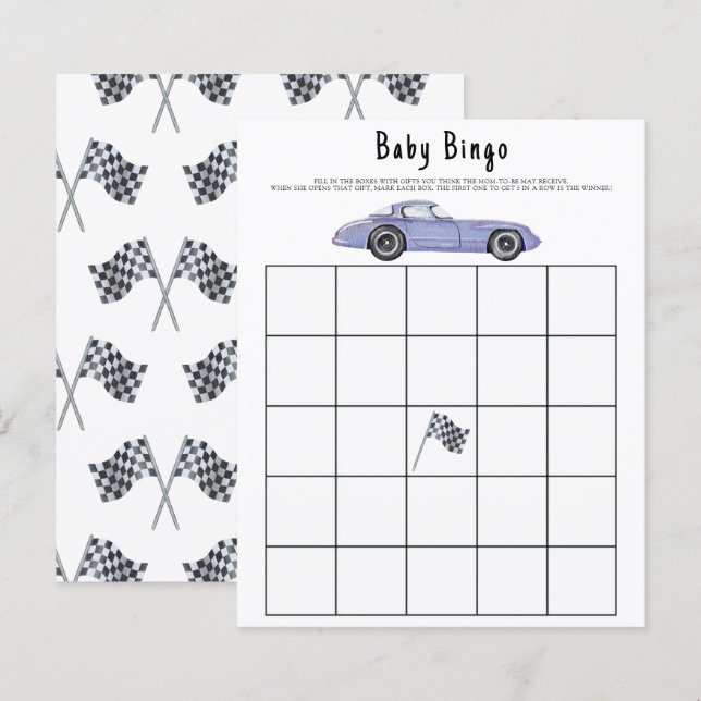 Baby shower bingo spel för racingtema (Fram/baksida)