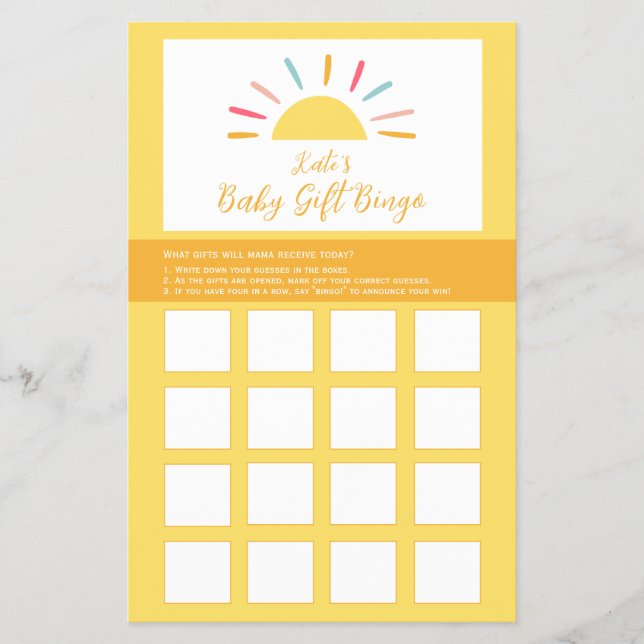 Baby Shower Bingo-spel lakan, Sunshine Miracle Flygblad (Framsidan)