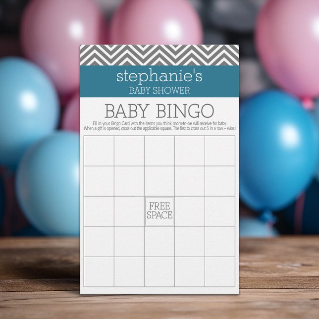 Baby Shower Bingo - Teal and Grått Chevrons (Custom Baby Shower Games)