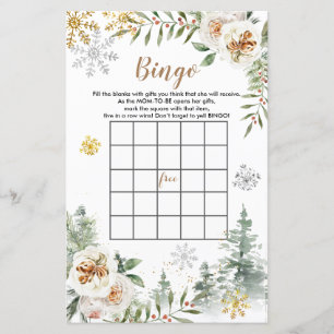 Baby Shower Bingo Vinter Vit Blommig Tallträd