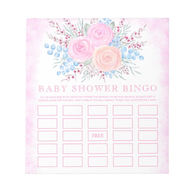 Baby Shower Bingo Watercolor Bouquet Rosa ros Anteckningsblock (Framsida)