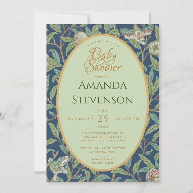 Baby Shower Birds Pomegranate Grönt Löv Morris Inbjudningar (Framsida)