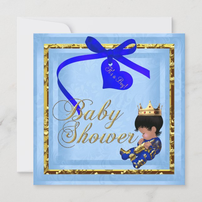 Baby Shower Blå Guld Pojke Prins Inbjudningar (Framsida)